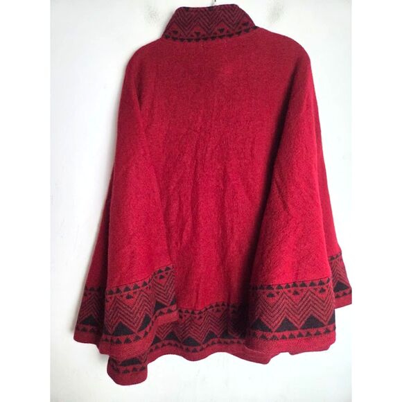 Serengeti Red w/Black Fair Isle Print 100% Wool Full Zip Cape Sweater size XL - Picture 2 of 10